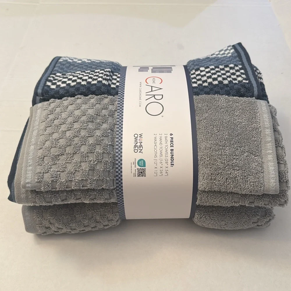💥 6pc CARO HOME 100% Cotton Bath Towel Set - Blue/Grey